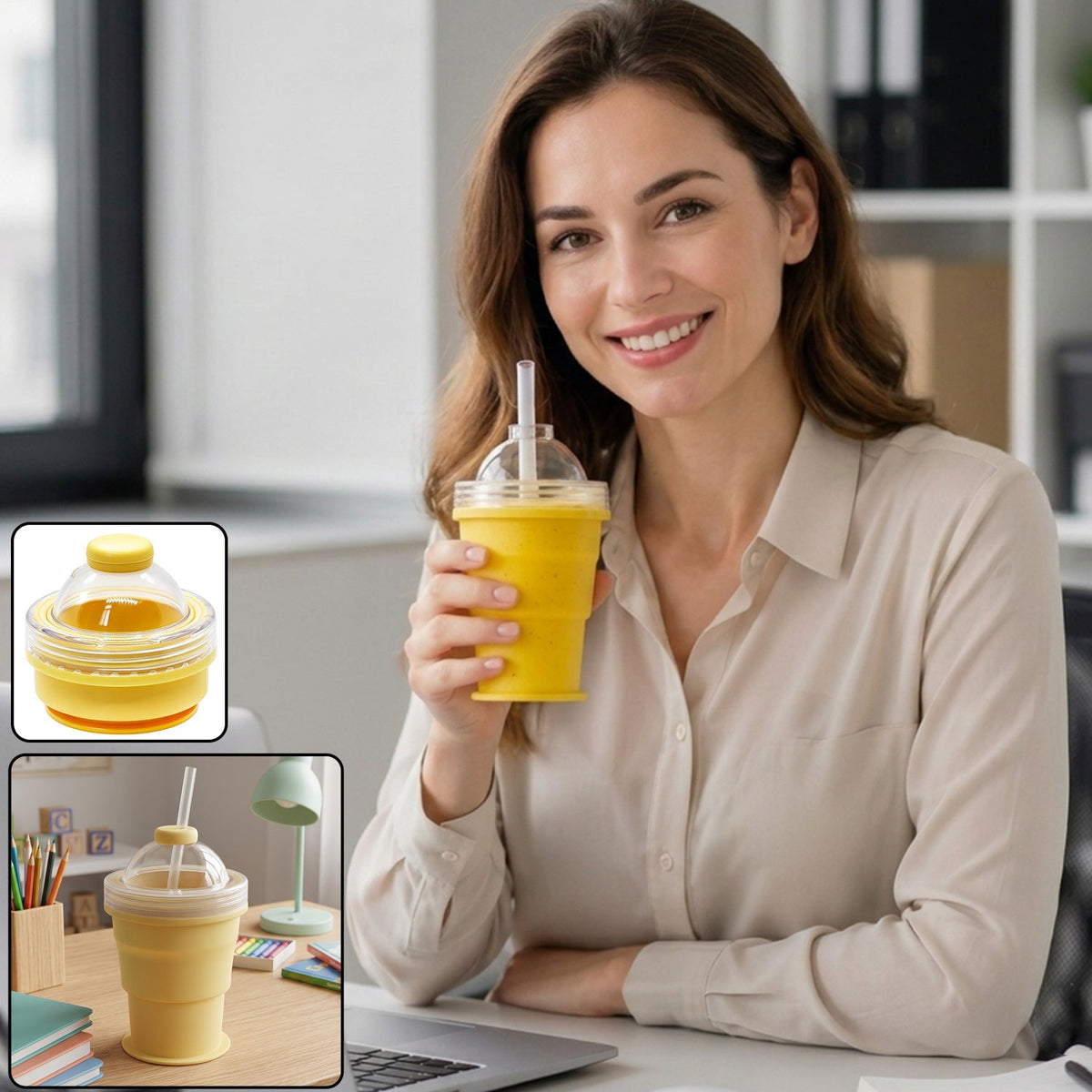 Silicone Foldable Collapsible Travel Cup With Straw And Dome Lid (1 Pc)