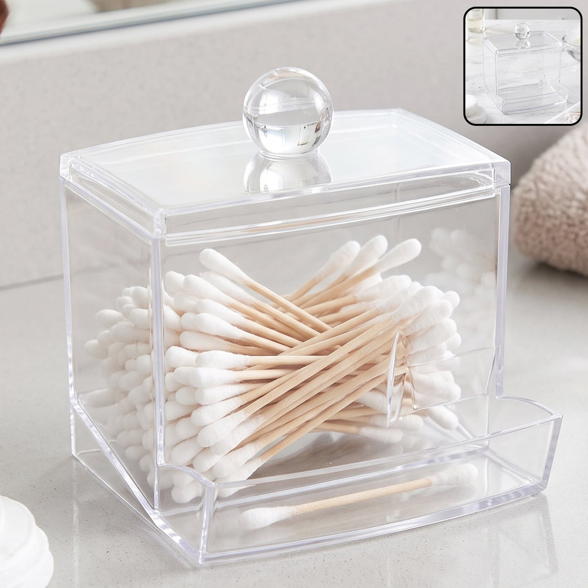 Transparent Acrylic Cotton Swab Organizer With Lid And Dispensing Drawer (1 Pc)