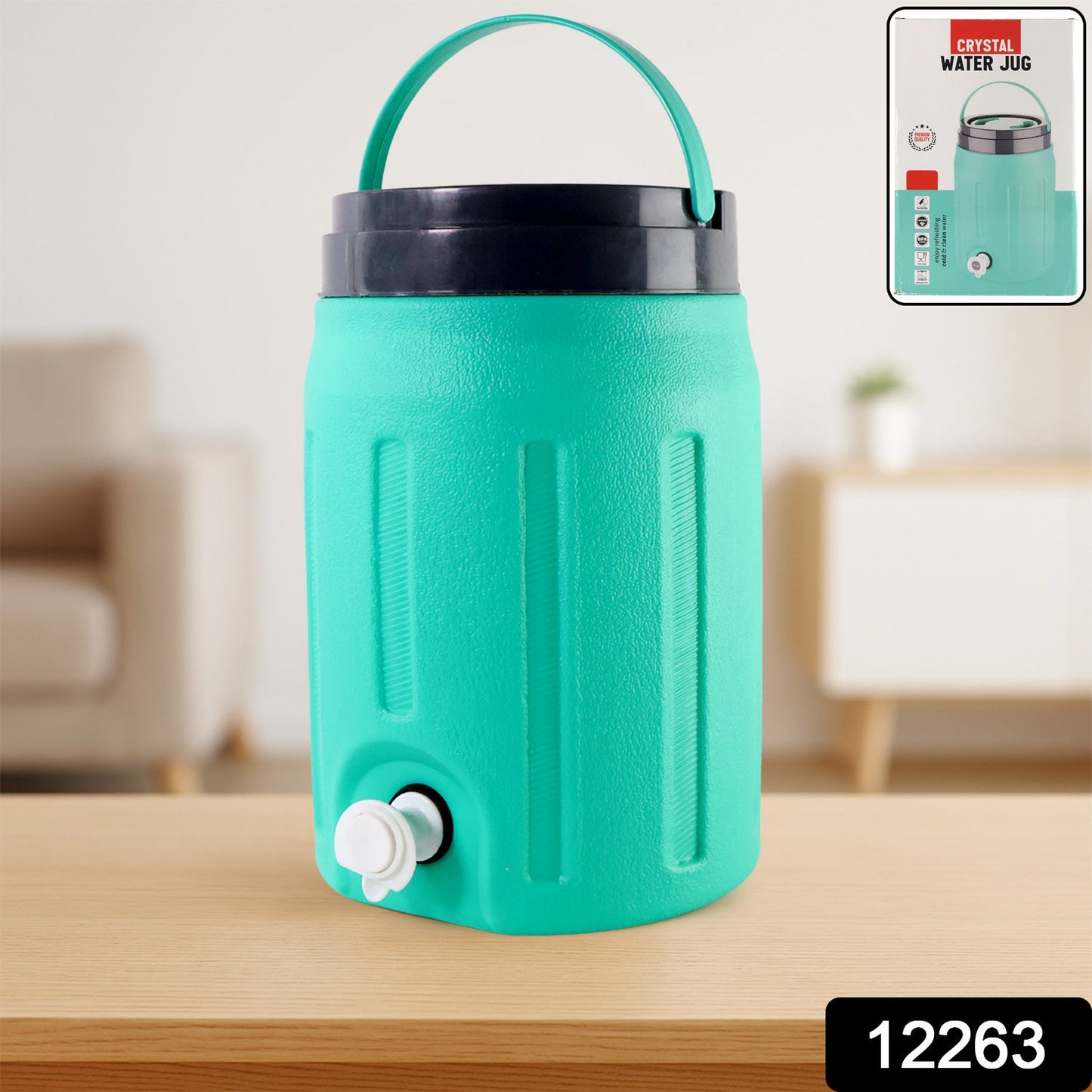 Close-up of the robust handle and sleek design of the 5.5L insulated water jug.