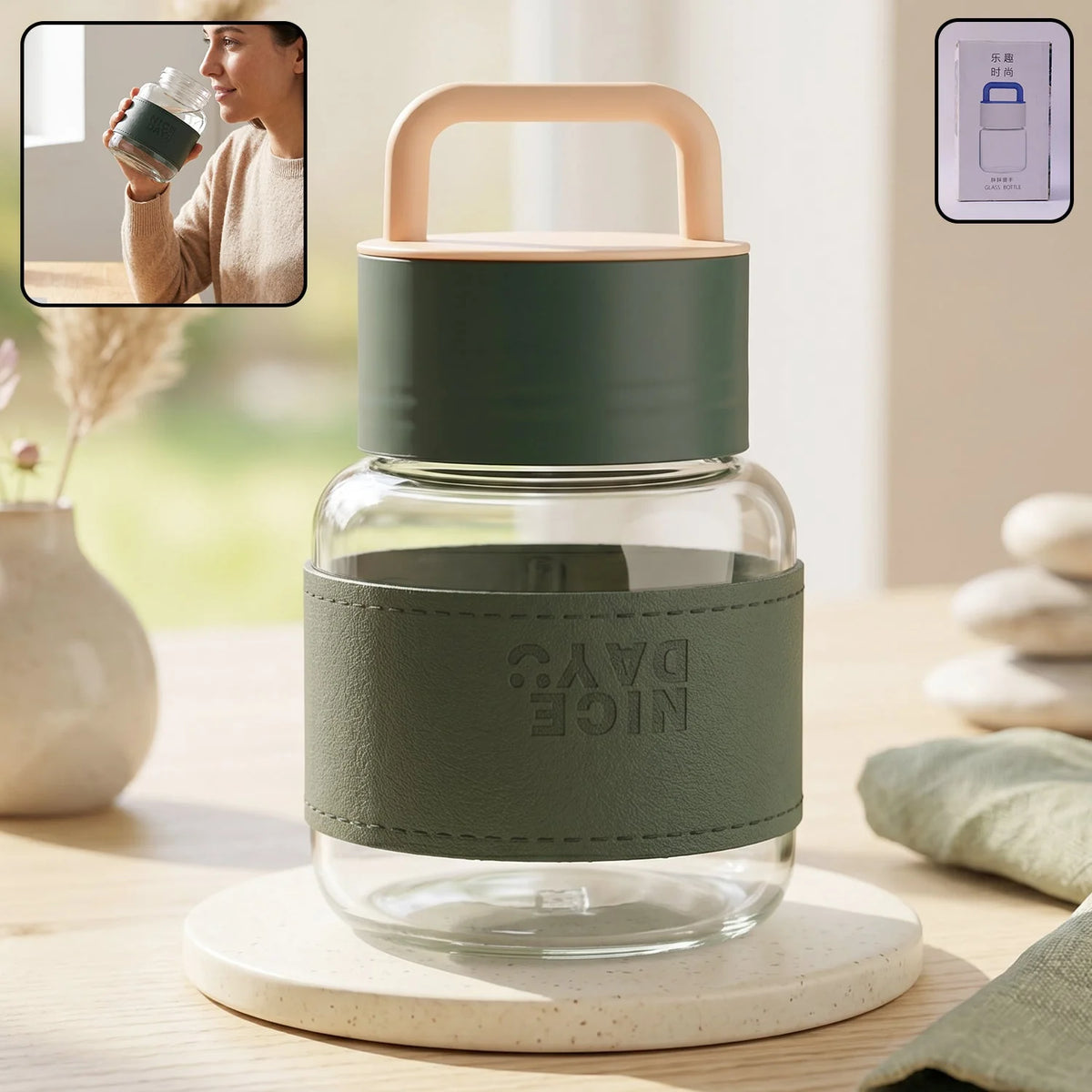 Glass Water Bottle With Handle And Leather Sleeve For Office Travel (1 Pc)