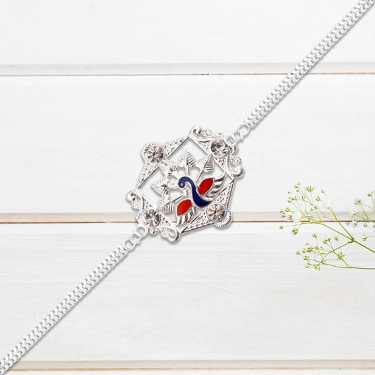 Silver Peacock Rakhi With Diamond Accents