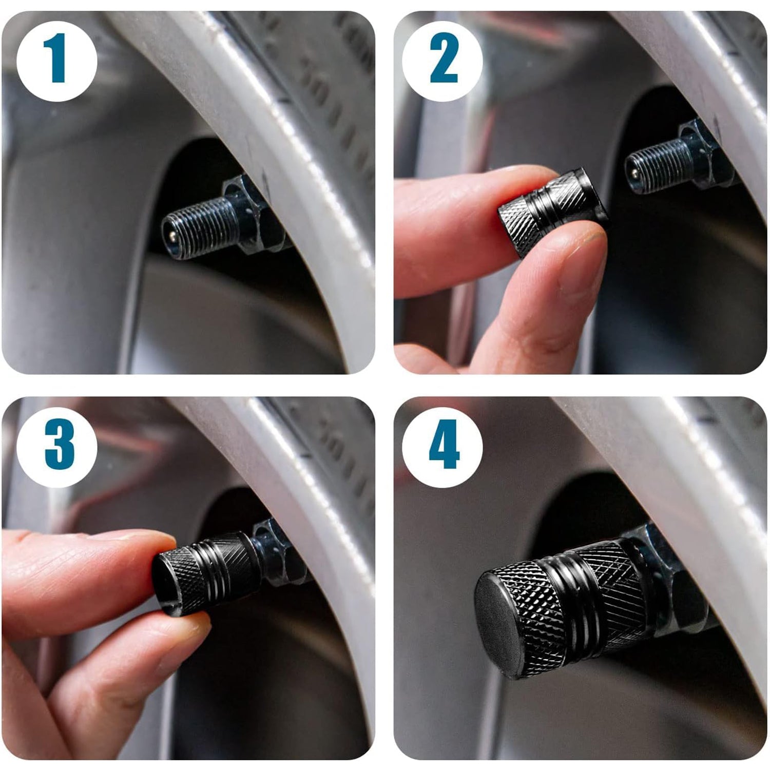 Silver tire valve stem caps with their shiny anodised surface clearly visible.