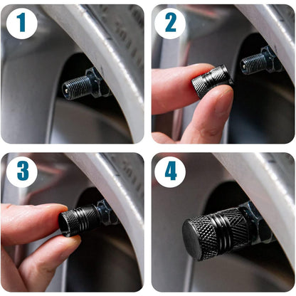 Silver tire valve stem caps with their shiny anodised surface clearly visible.