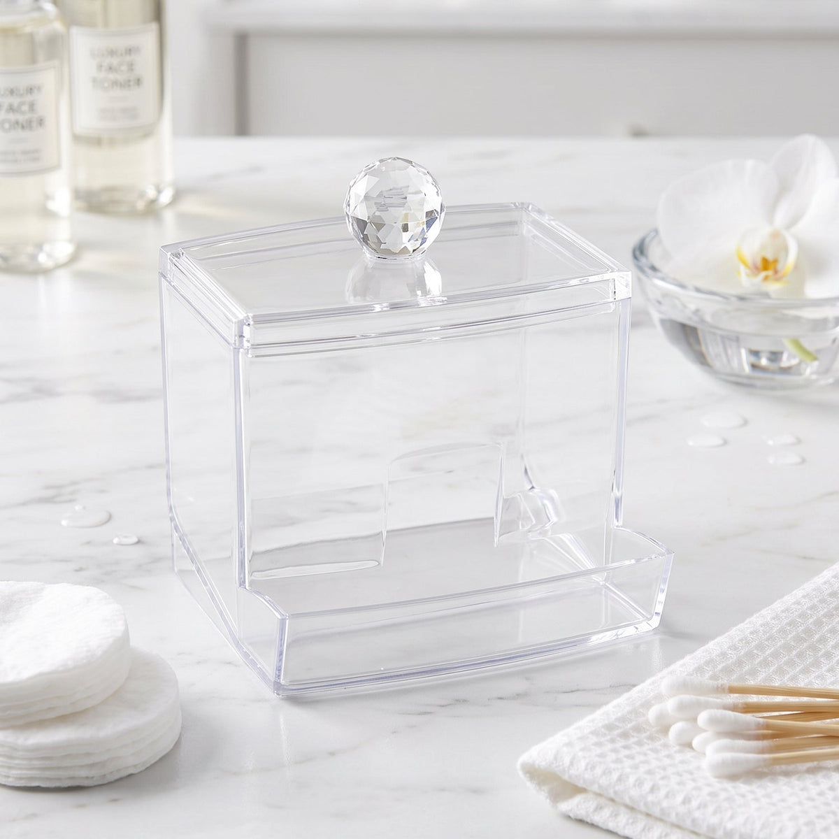 Transparent Acrylic Cotton Swab Organizer With Lid And Dispensing Drawer (1 Pc)